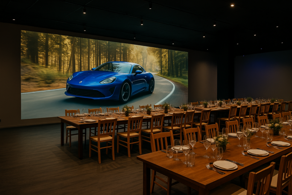 Sala Ágora: el nuevo espacio inmersivo para eventos del mundo del motor en Calafat 2 Cena elegante con coche deportivo